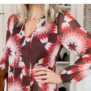 LOFT L/S Chiffon 'Garden Smocked Ruffle  Blouse' - Large Brown Coral